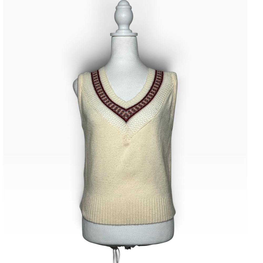 Vintage Western V-Neck Knit Sweater Vest Cream Fair Isle Trim